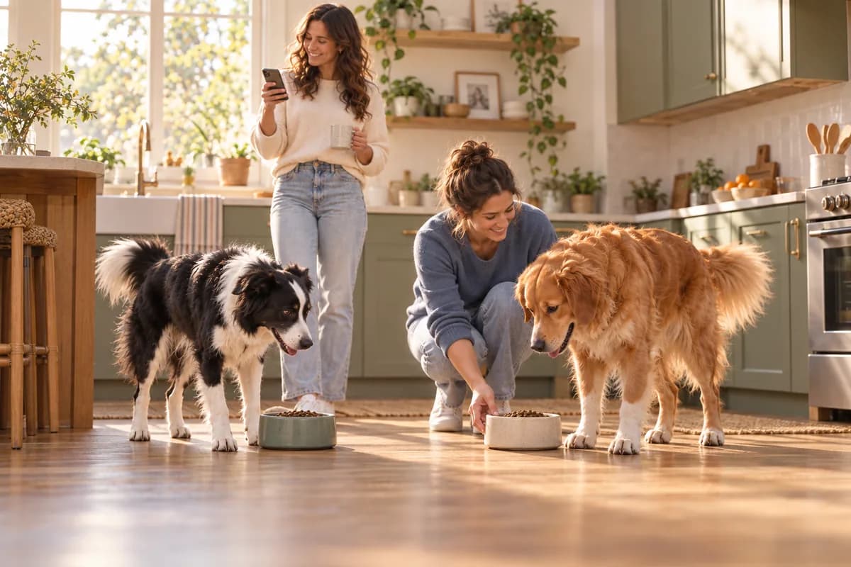 Luna and Milo have breakfast while two people coordinate their care at home